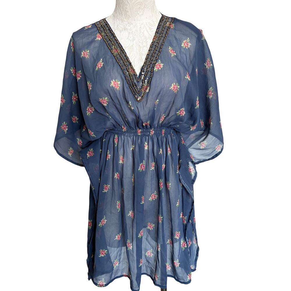 Highness Sheer Navy Floral Beaded Swim Cover Up One Size Beach Tunic resort